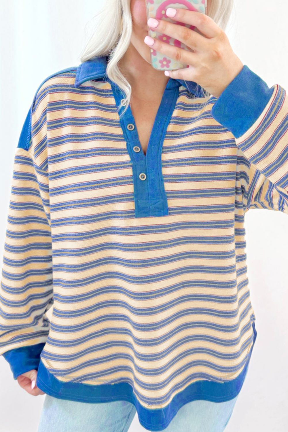 Striped Johnny Collar Long Sleeve Sweatshirt - Classique Collection