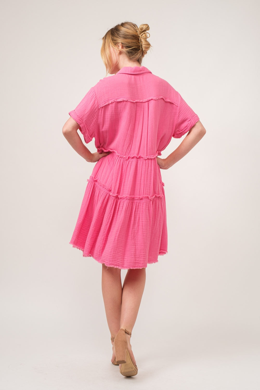 And The Why Full Size Raw Edge Washed Tiered Shirt Dress - Classique Collection