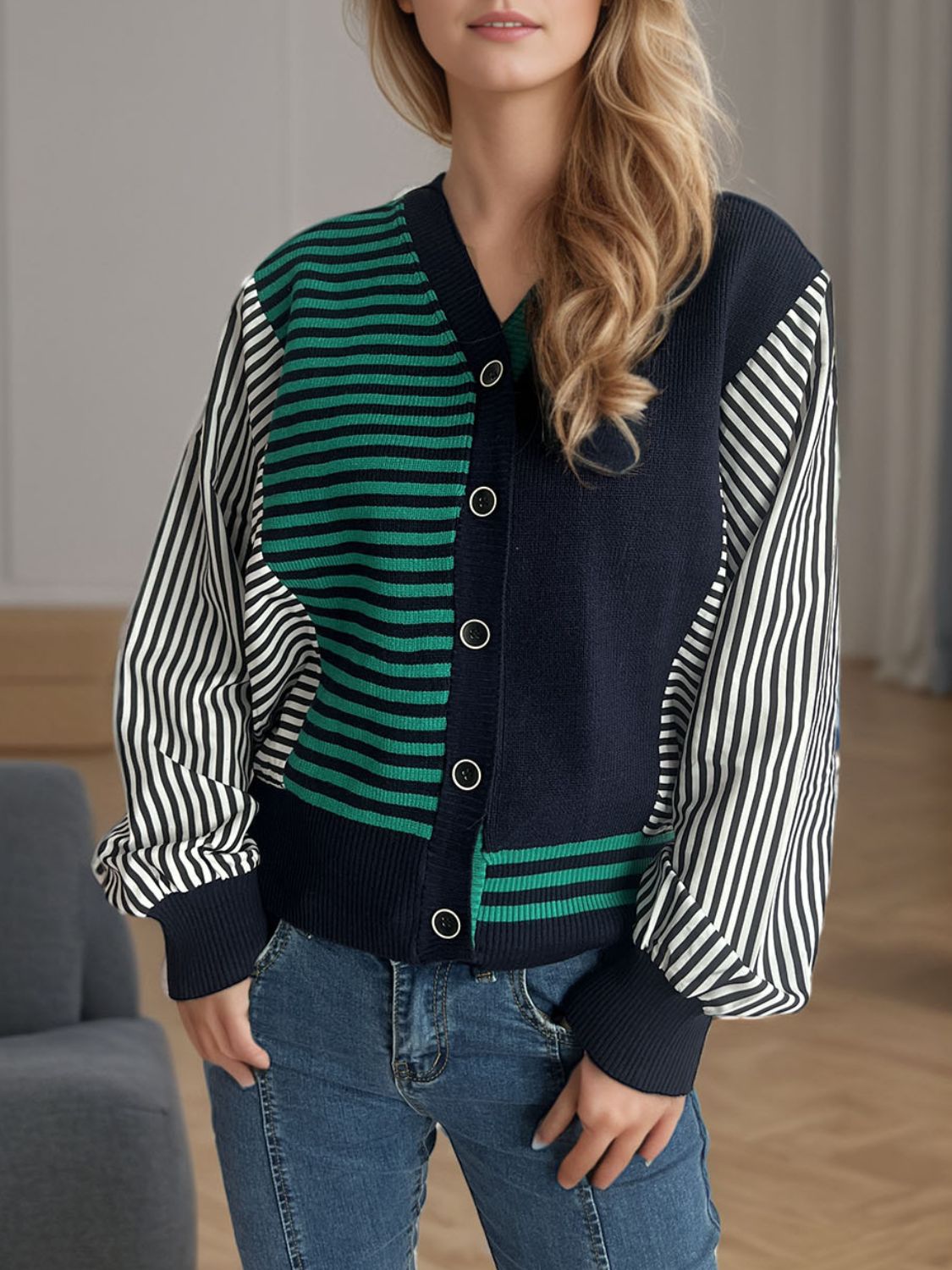 Striped Button Down Long Sleeve Cardigan - ClassiQ