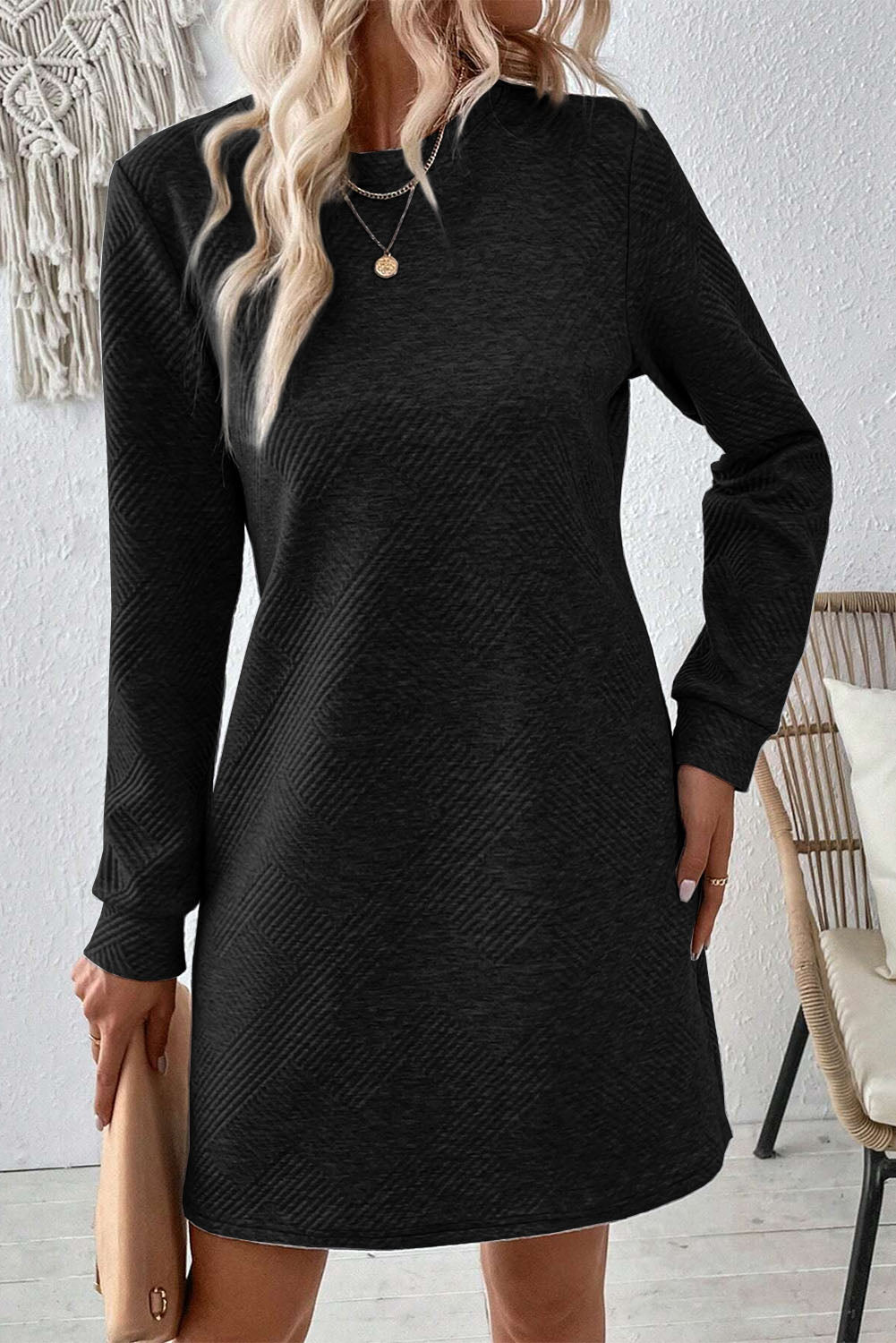 Textured Round Neck Long Sleeve Mini Dress - Classique Collection