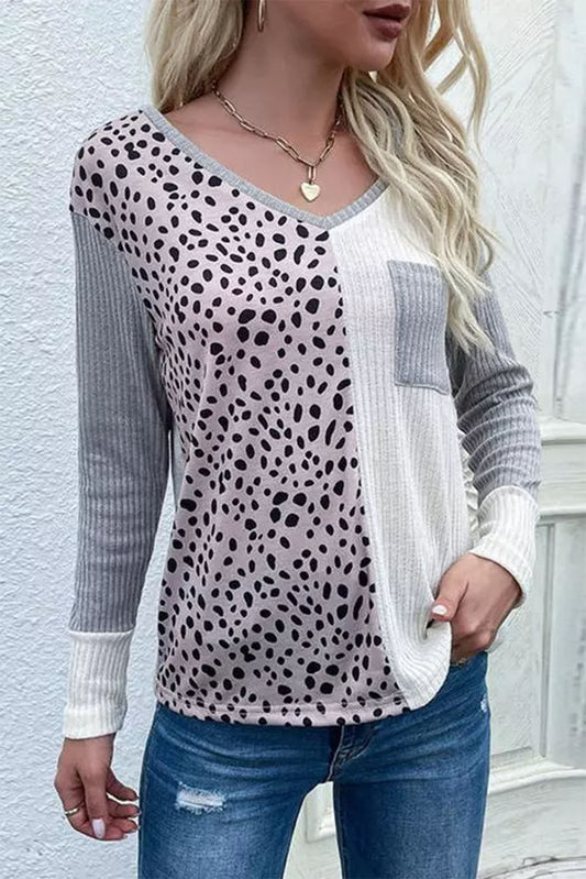 Color Block V-Neck Ribbed Top with Pocket - ClassiQ