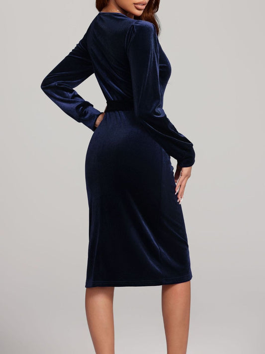 Round Neck Tie Waist Long Sleeve Velvet Dress - Classique Collection