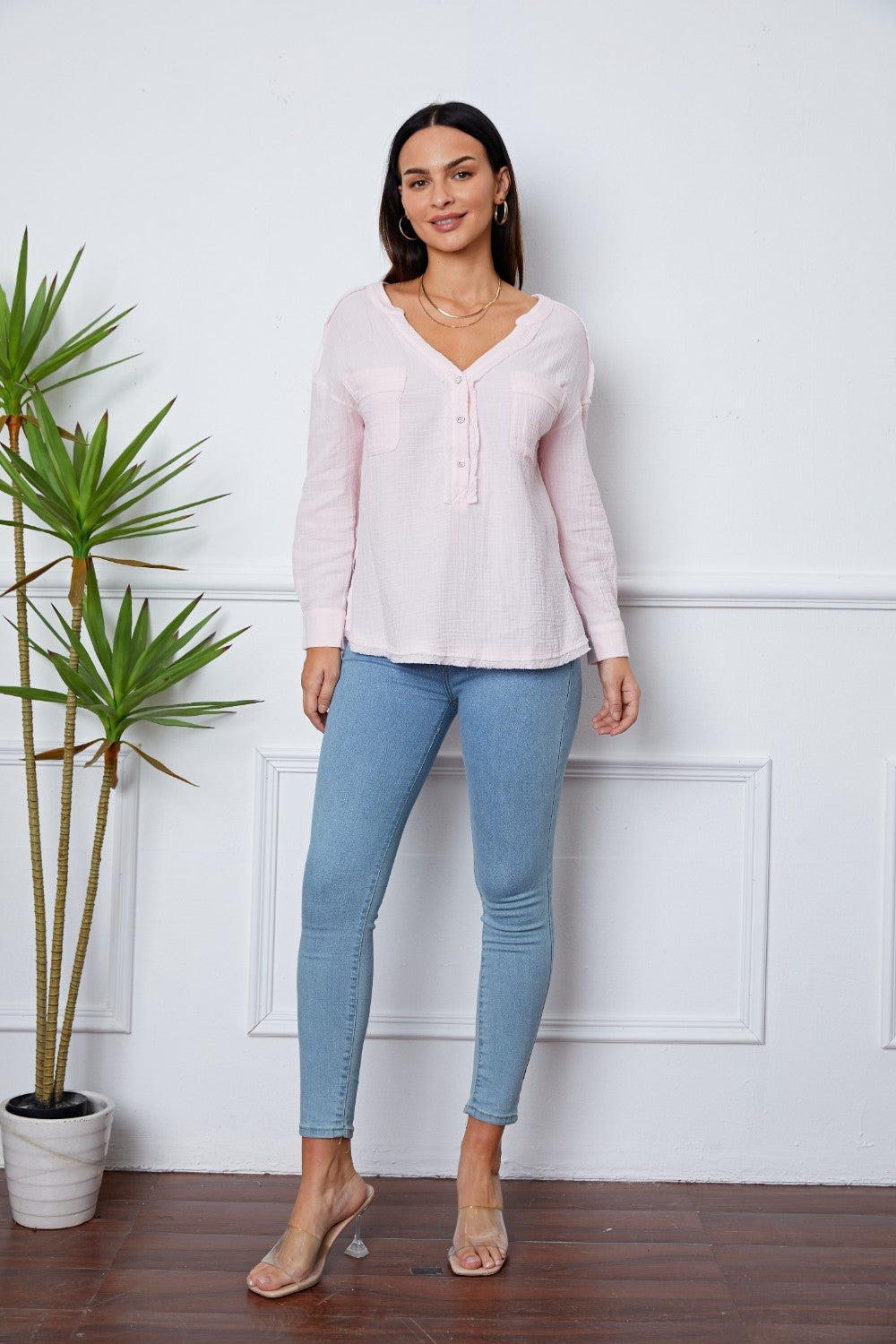 Texture Half Button Raw Hem Top - ClassiQ