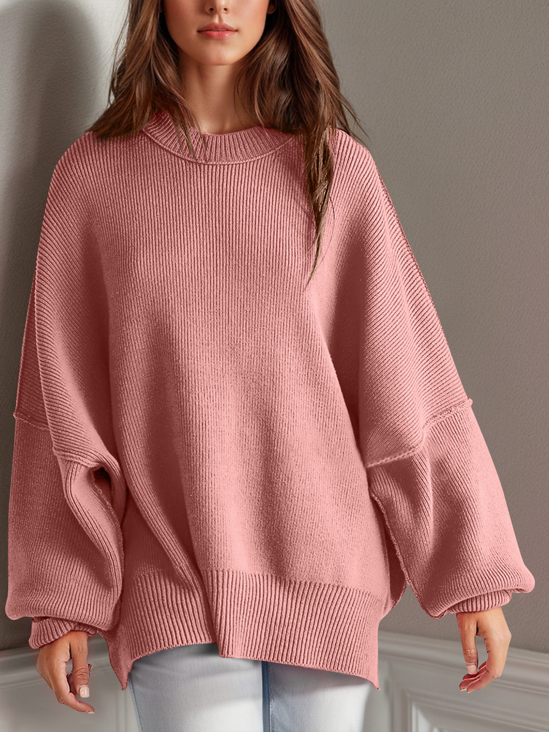 Double Take Side Slit Round Neck Long Sleeve Sweater - ClassiQ