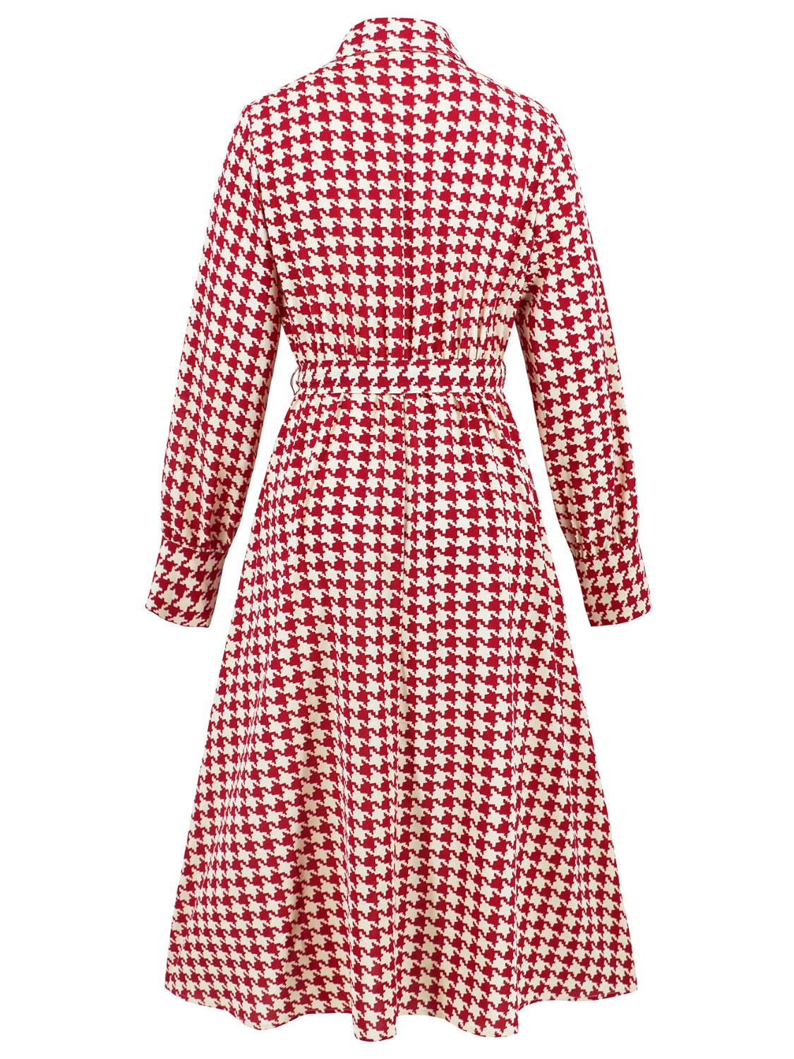 Tied Houndstooth Long Sleeve Midi Dress - Classique Collection