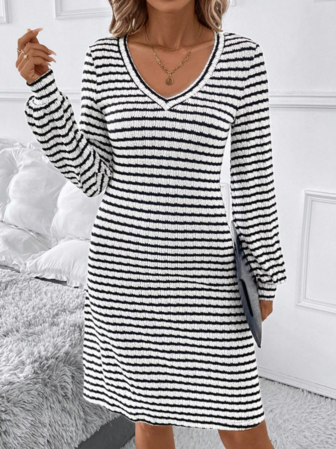 Striped V-Neck Long Sleeve Dress - Classique Collection