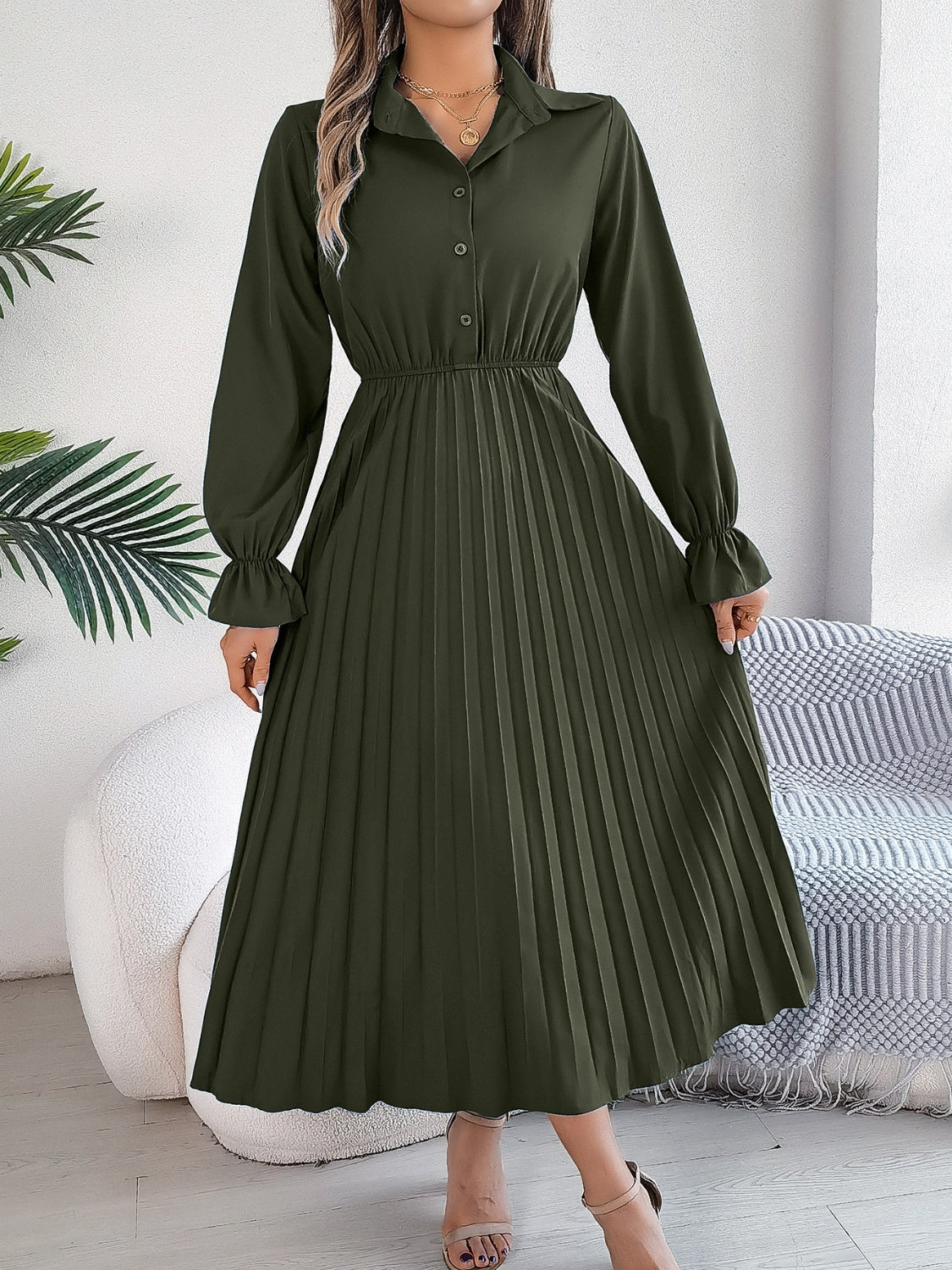 Pleated Half Button Long Sleeve Midi Dress - Classique Collection