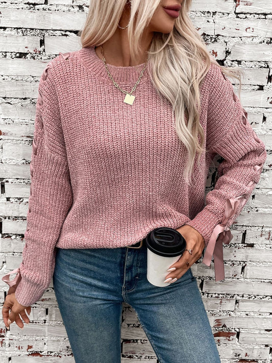 Lace Up Round Neck Long Sleeve Sweater - ClassiQ