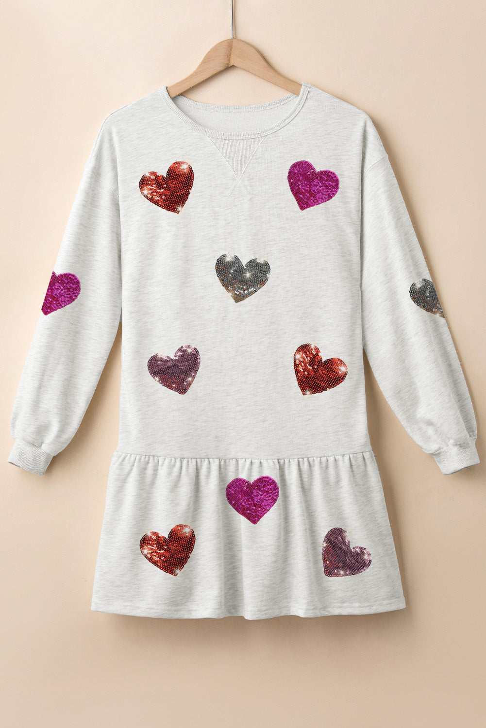 Sequin Heart Round Neck Long Sleeve Mini Dress - Classique Collection
