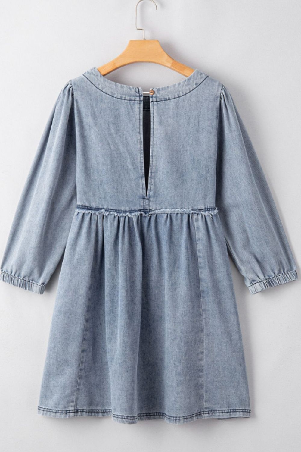 Cutout Round Neck Balloon Sleeve Denim Dress - Classique Collection