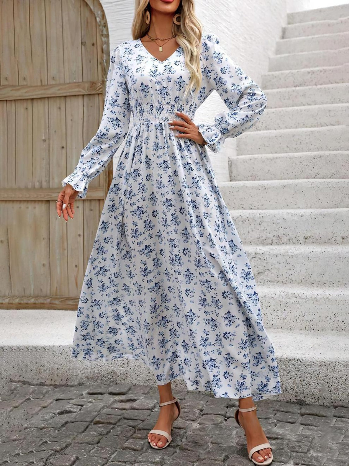 Smocked Printed V-Neck Flounce Sleeve Dress - Classique Collection