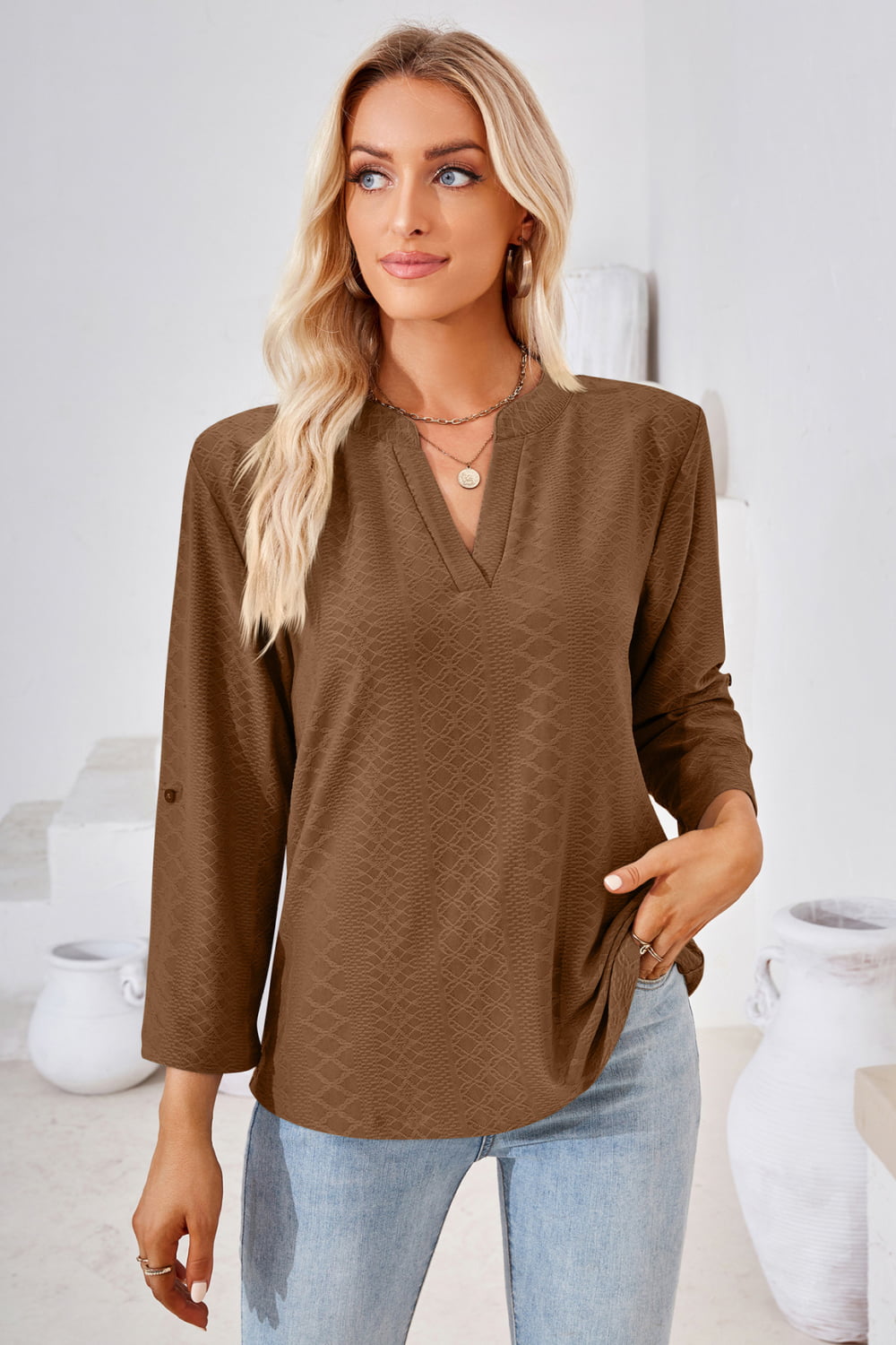 V-Neck Roll-Tap Sleeve Blouse - Classique Collection