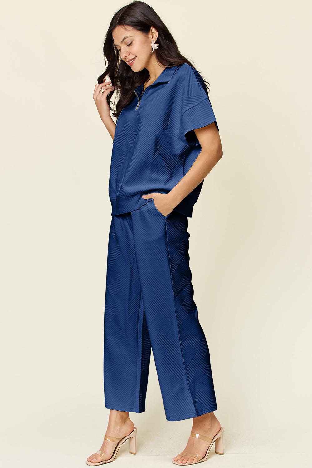 Double Take Full Size Texture Half Zip Short Sleeve Top and Pants Set - ClassiQ