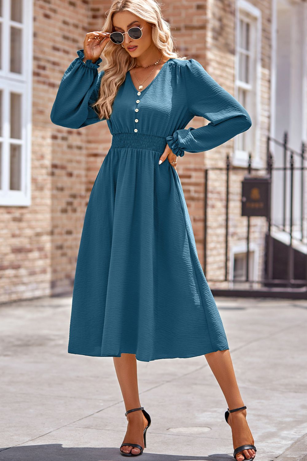 Smocked V-Neck Flounce Sleeve Midi Dress - Classique Collection
