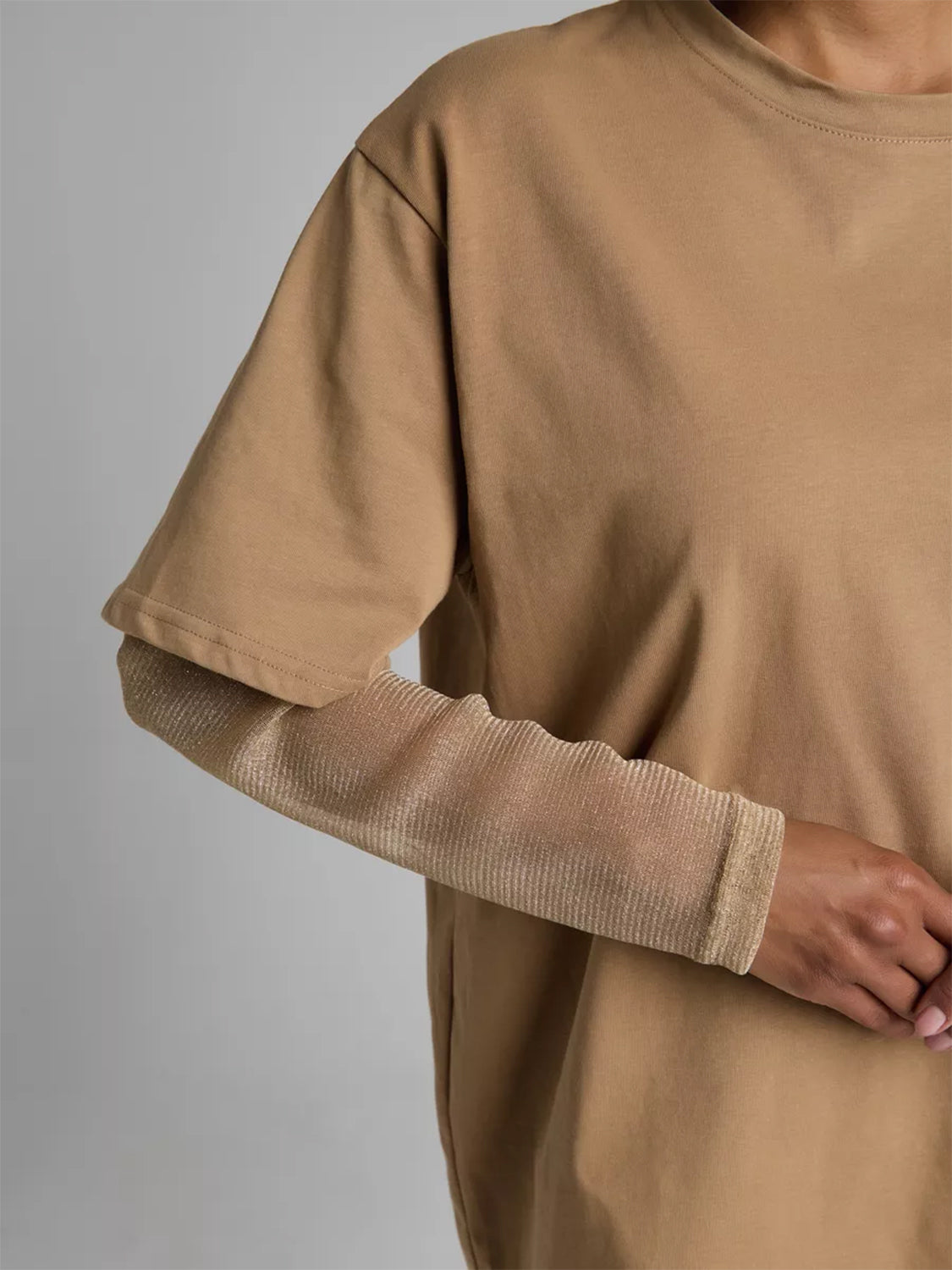 Faux Layered Round Neck Mesh Sleeve Top - Classique Collection