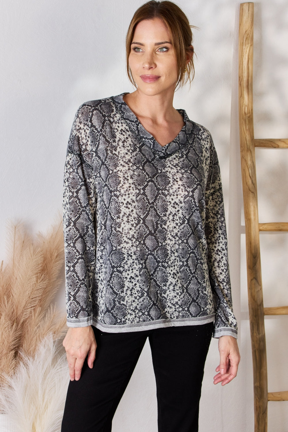 Hailey & Co Full Size Snakeskin V-Neck Long Sleeve Top - Classique Collection