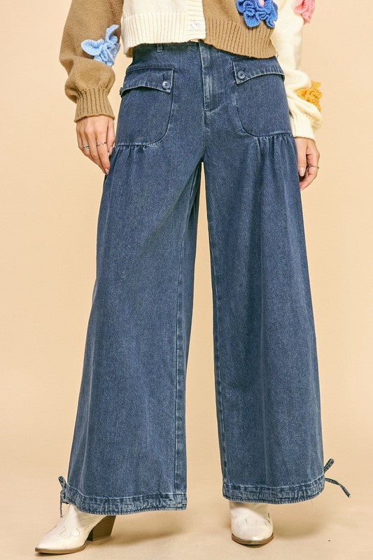 Davi & Dani Drawstring Hem Wide Leg Mid Rise Jeans - Classique Collection