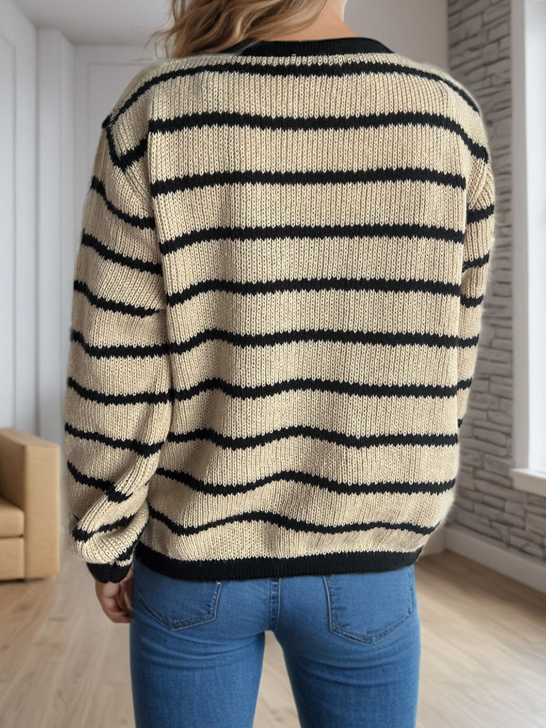 Striped Round Neck Long Sleeve Cardigan - ClassiQ