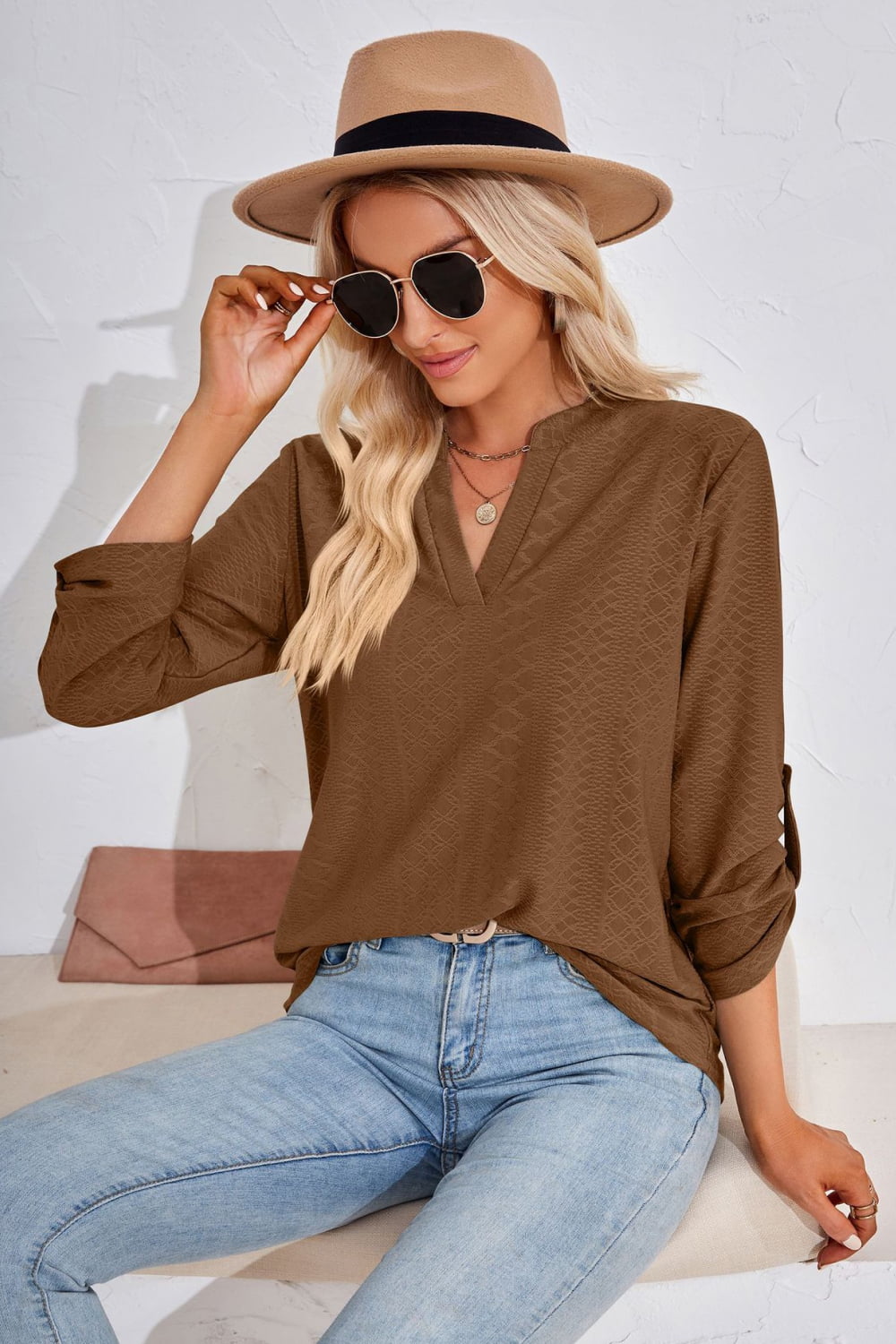 V-Neck Roll-Tap Sleeve Blouse - Classique Collection