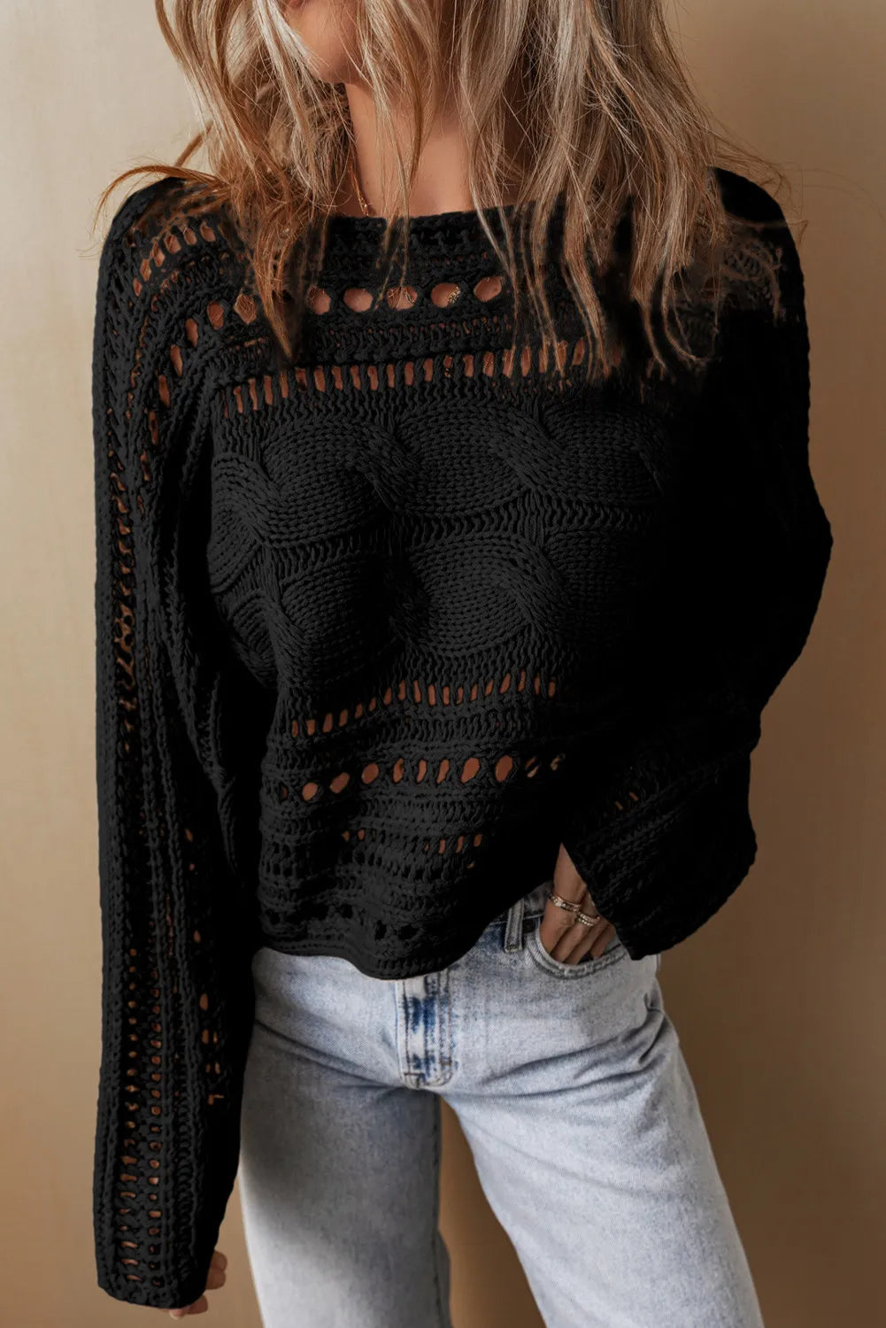 Cable-Knit Openwork Long Sleeve Sweater - ClassiQ