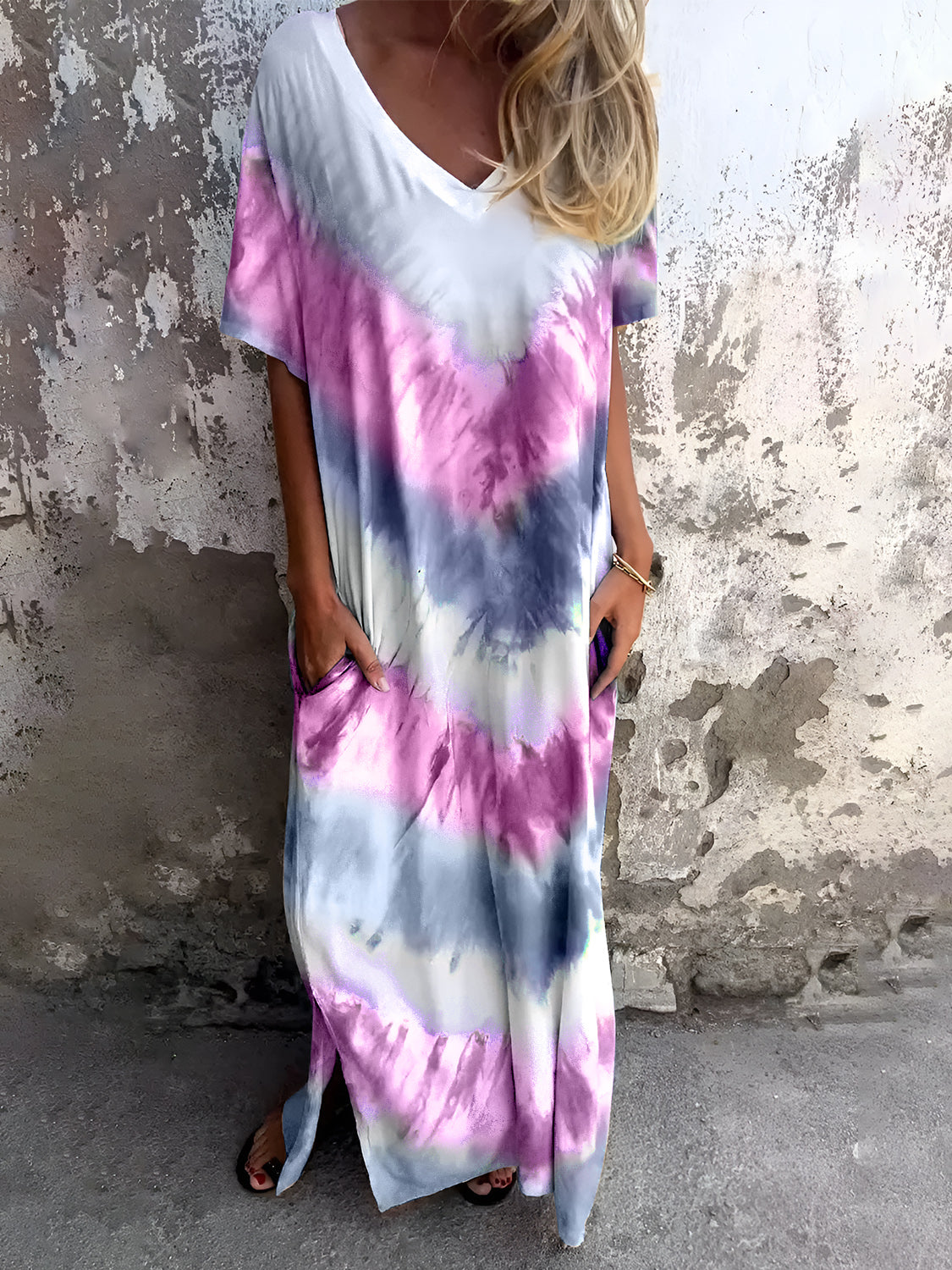 Full Size Pocketed Tie-Dye Short Sleeve Dress - Classique Collection