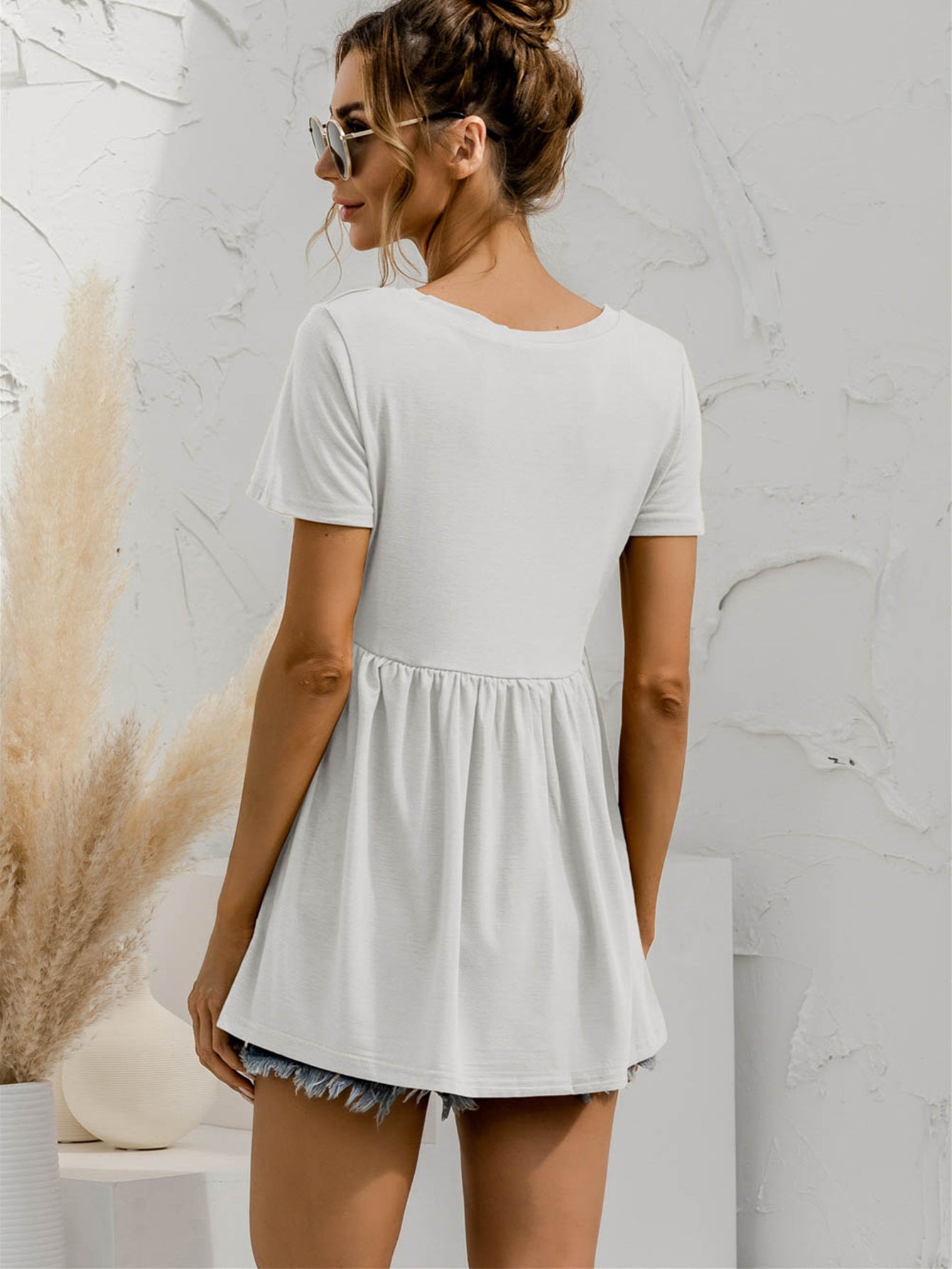V-Neck Short Sleeve Babydoll Top - Classique Collection