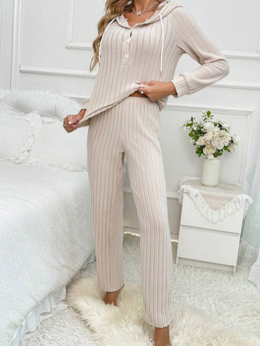 Drawstring Half Button Hooded Top and Ribbed Pants Set - ClassiQ
