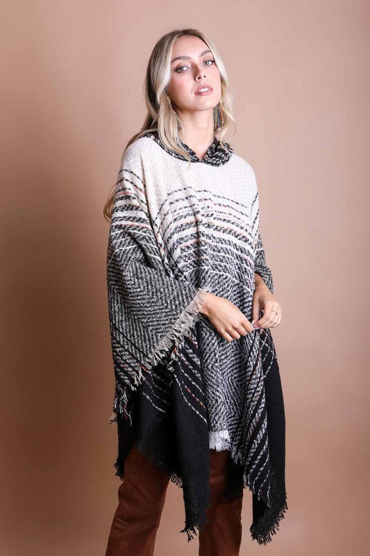 Herringbone Tweed Hooded Frayed Edge Poncho - Classique Collection