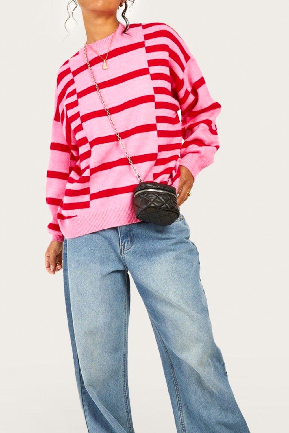 Striped Round Neck Dropped Shoulder Sweater - ClassiQ