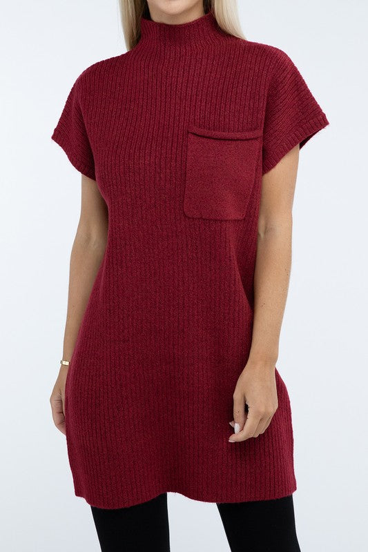 Mock Neck Short Sleeve Sweater Dress with Pocket - Classique Collection