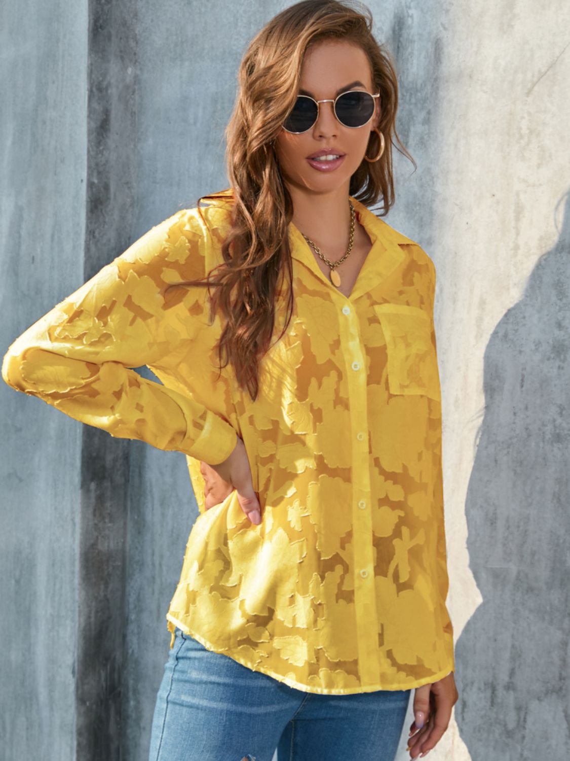 Full Size Collared Neck Long Sleeve Shirt Plus Size - Classique Collection