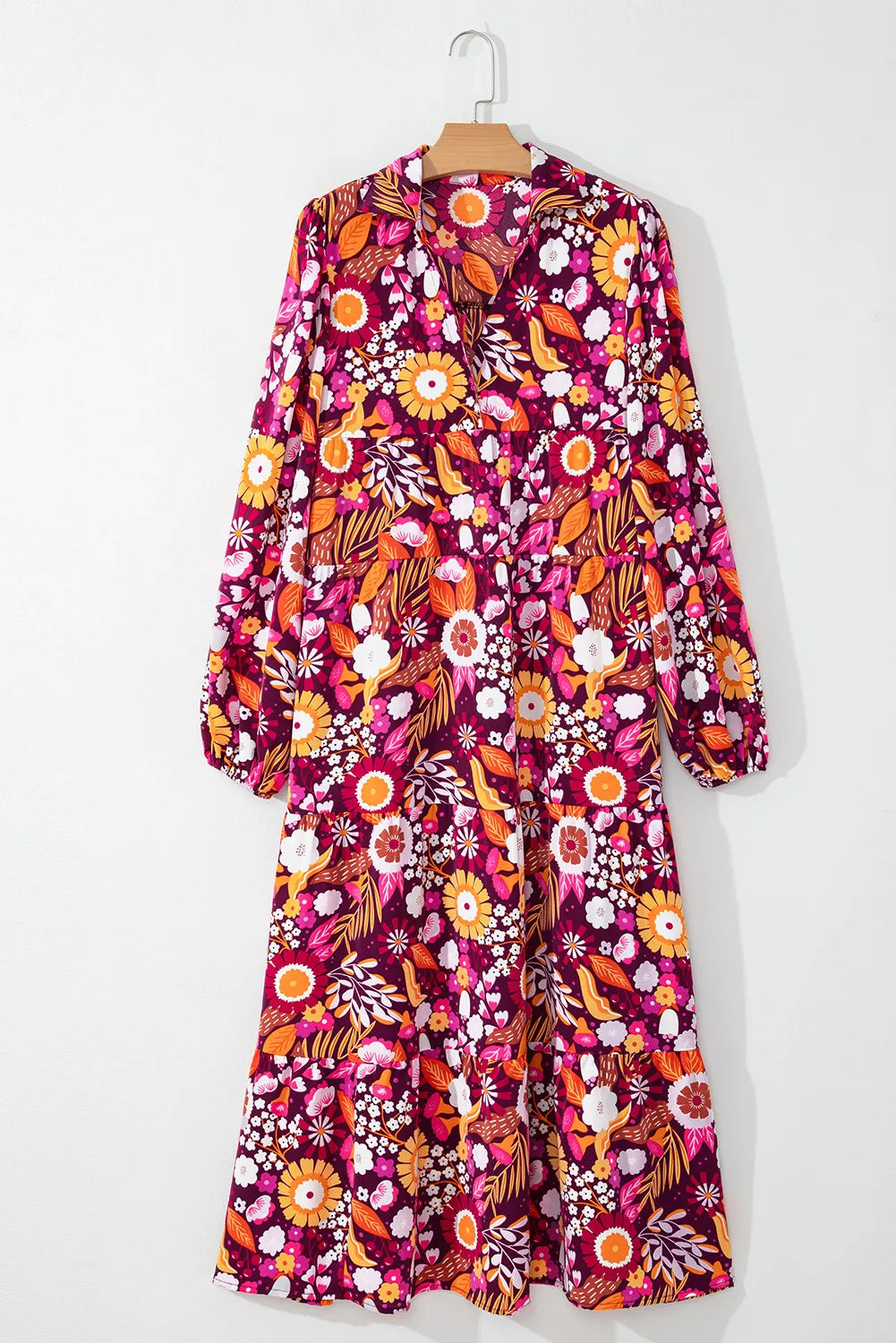 Printed Johnny Collar Long Sleeve Midi Dress - Classique Collection