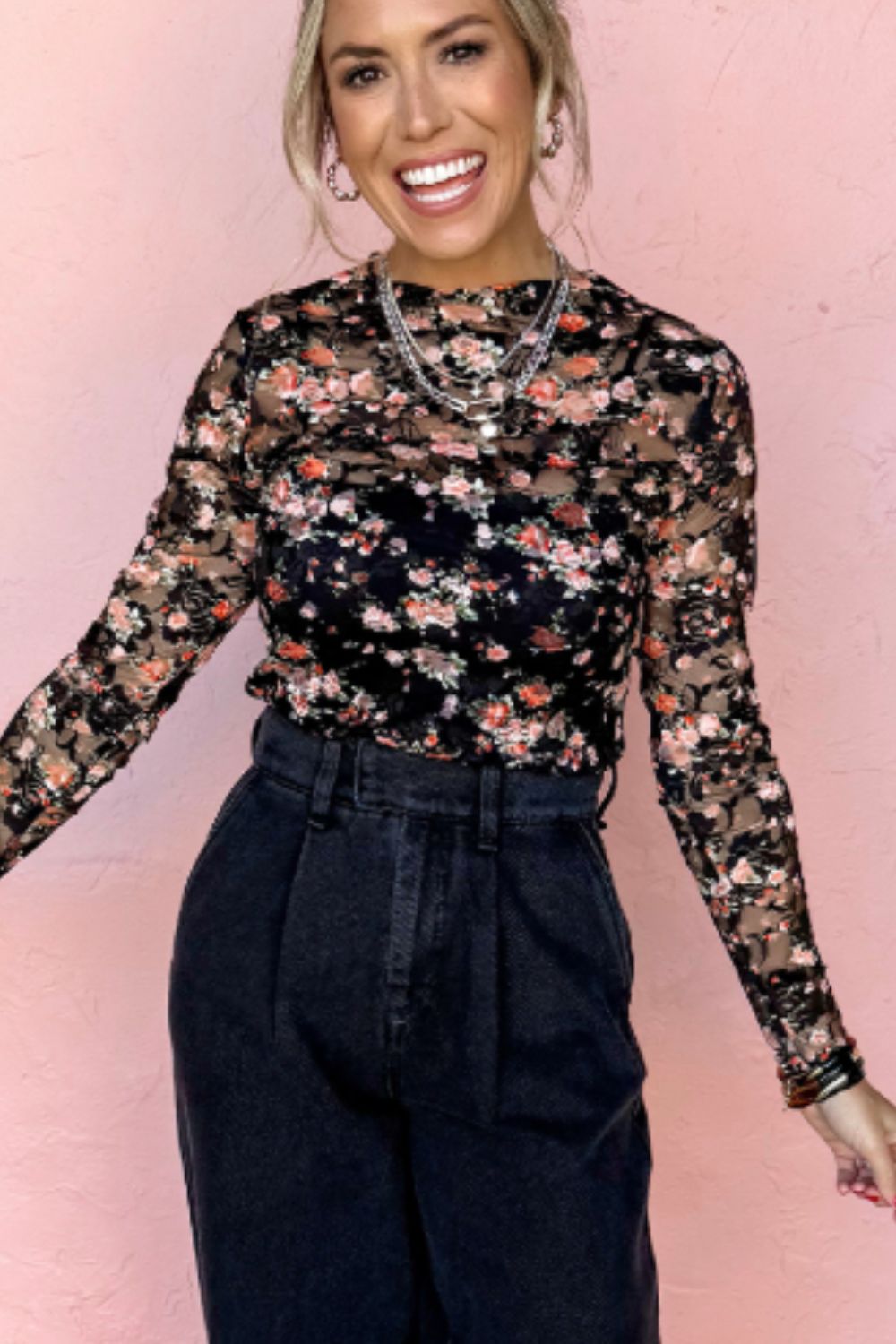 Floral Round Neck Long Sleeve Blouse - Classique Collection
