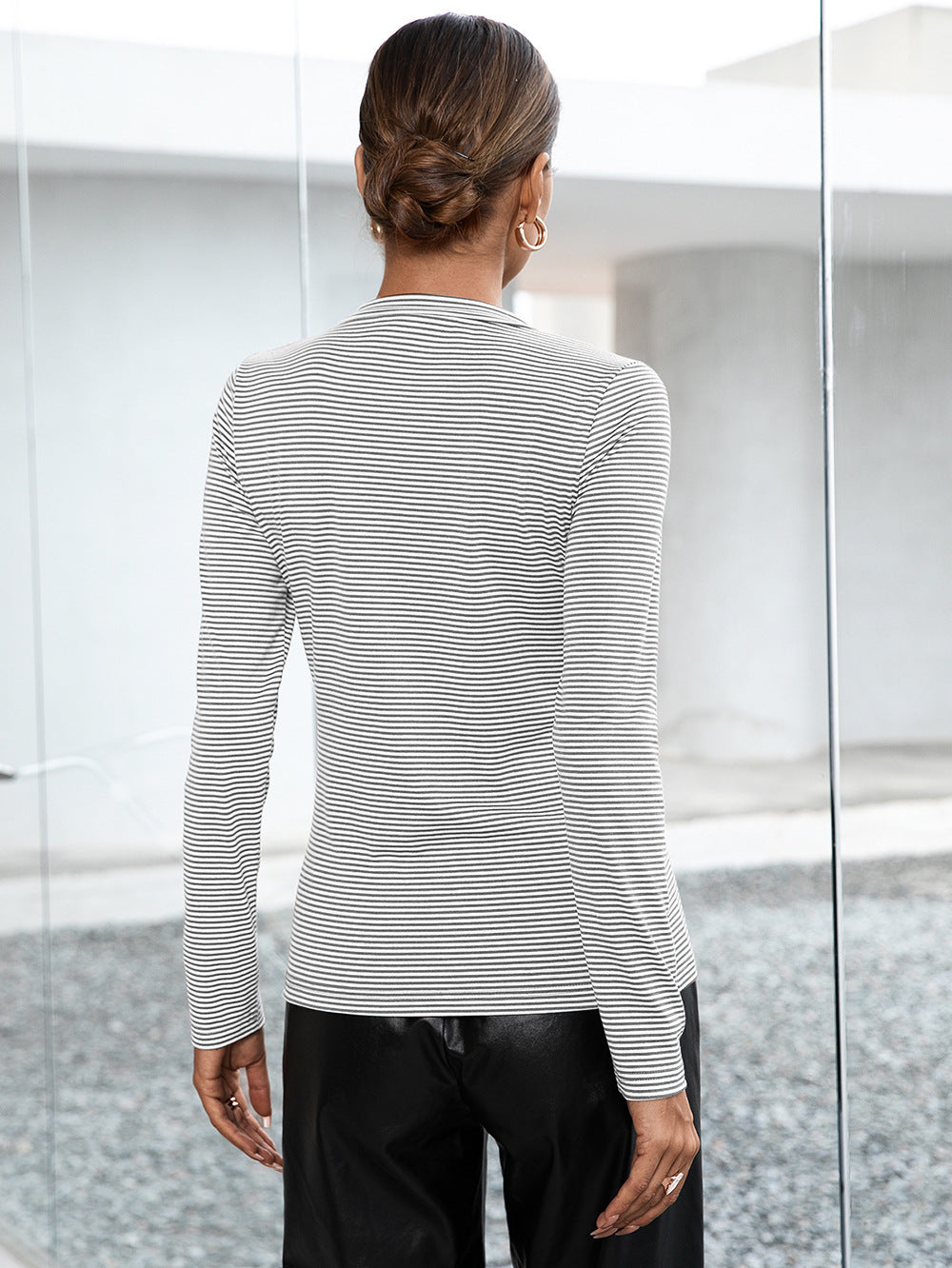 Ivy Lane Striped Buttoned V-Neck Long Sleeve Top - ClassiQ