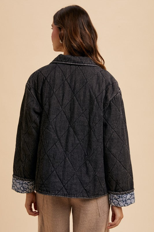 Annie Wear Quilted Printed Lining Snap Down Denim Jacket - ClassiQ