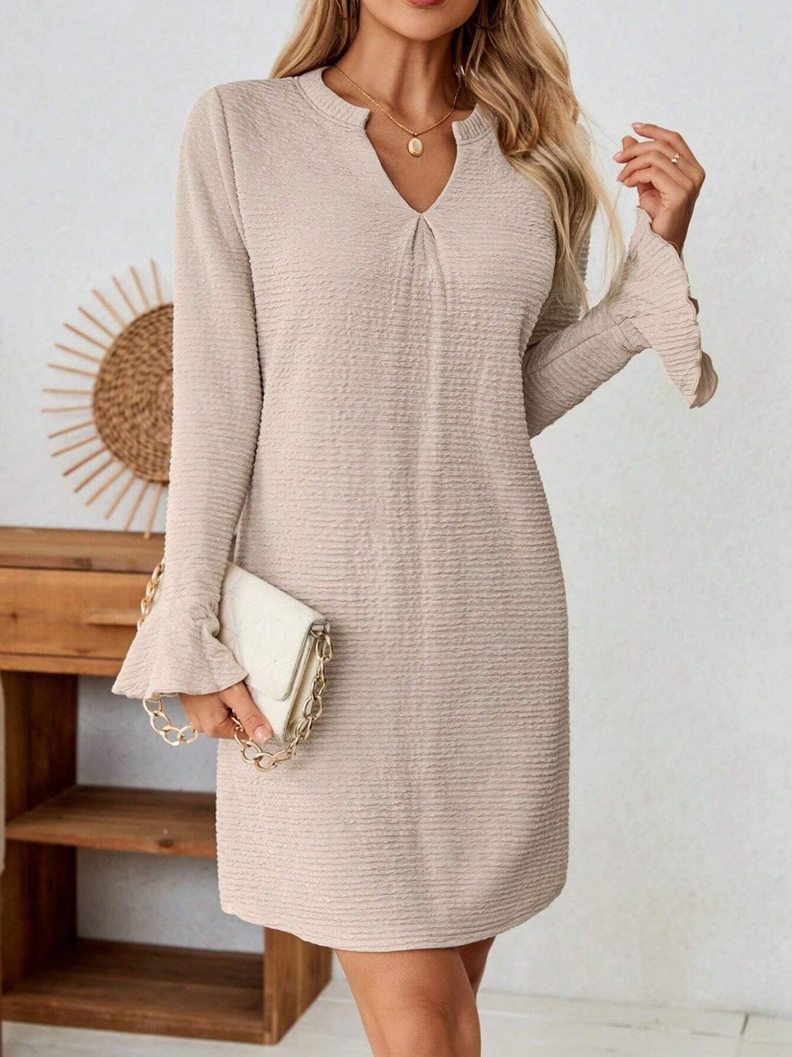 Notched Flare Sleeve Mini Dress - Classique Collection