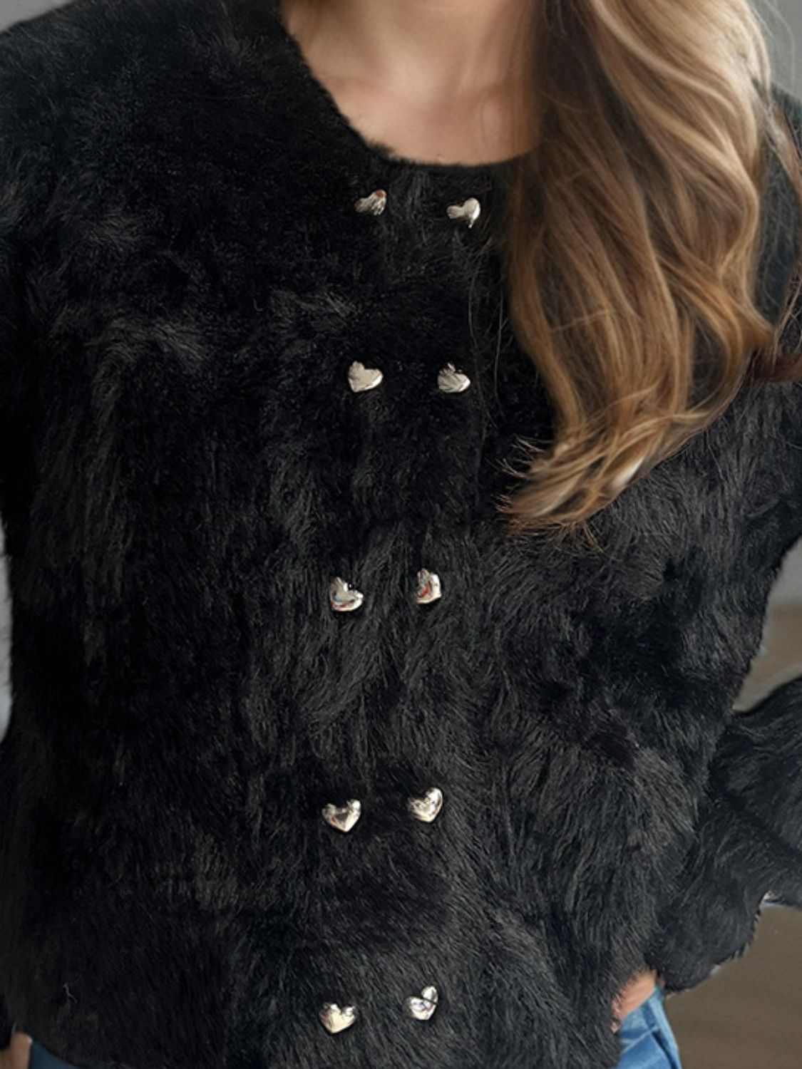 Heart Button Round Neck Cardigan - ClassiQ