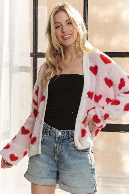 ADORA Fuzzy Heart Button Down Cardigan - ClassiQ