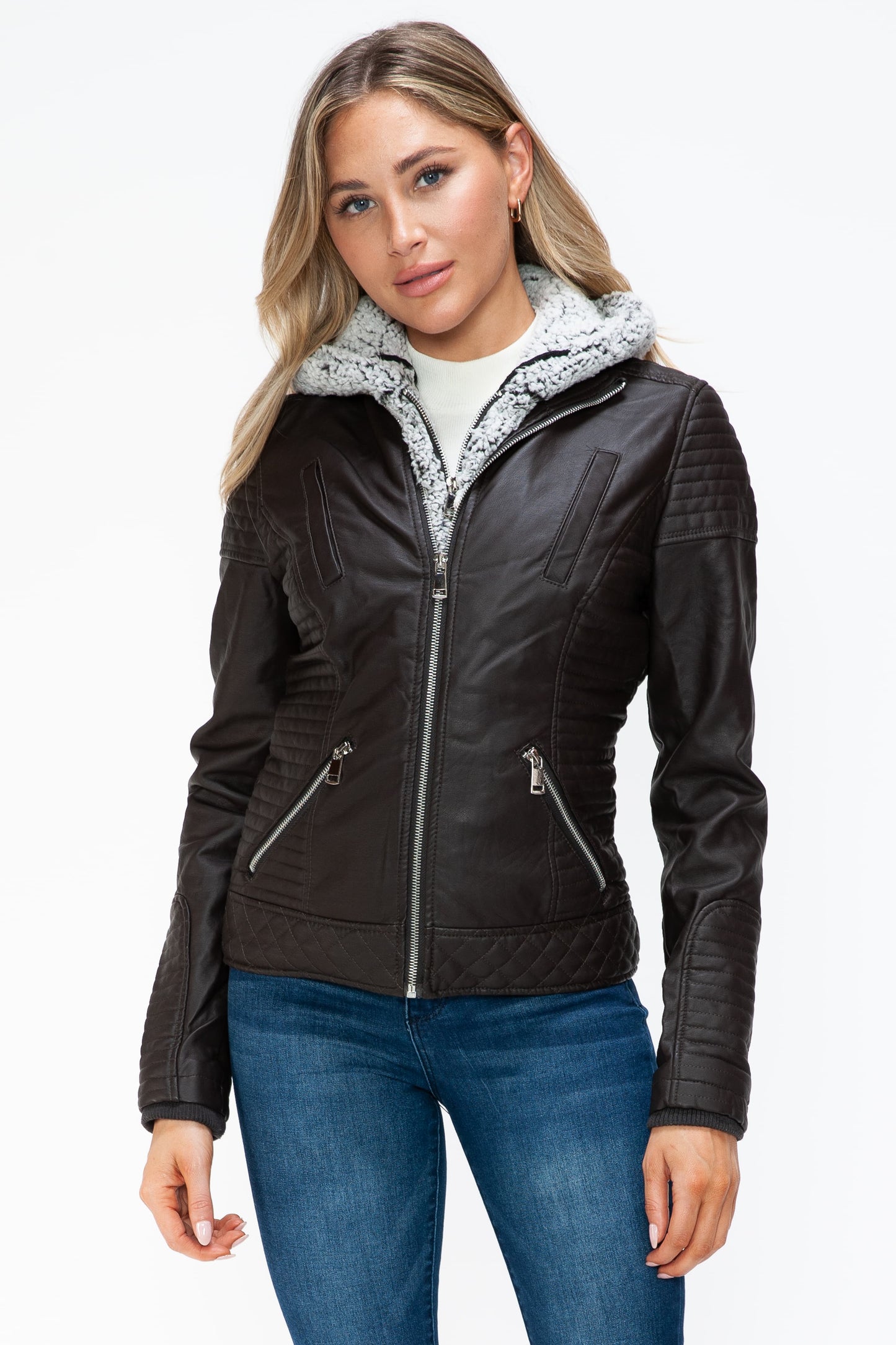 YMI Faux Layered Double-Zipper Jacket with Fuzzy Hood - ClassiQ