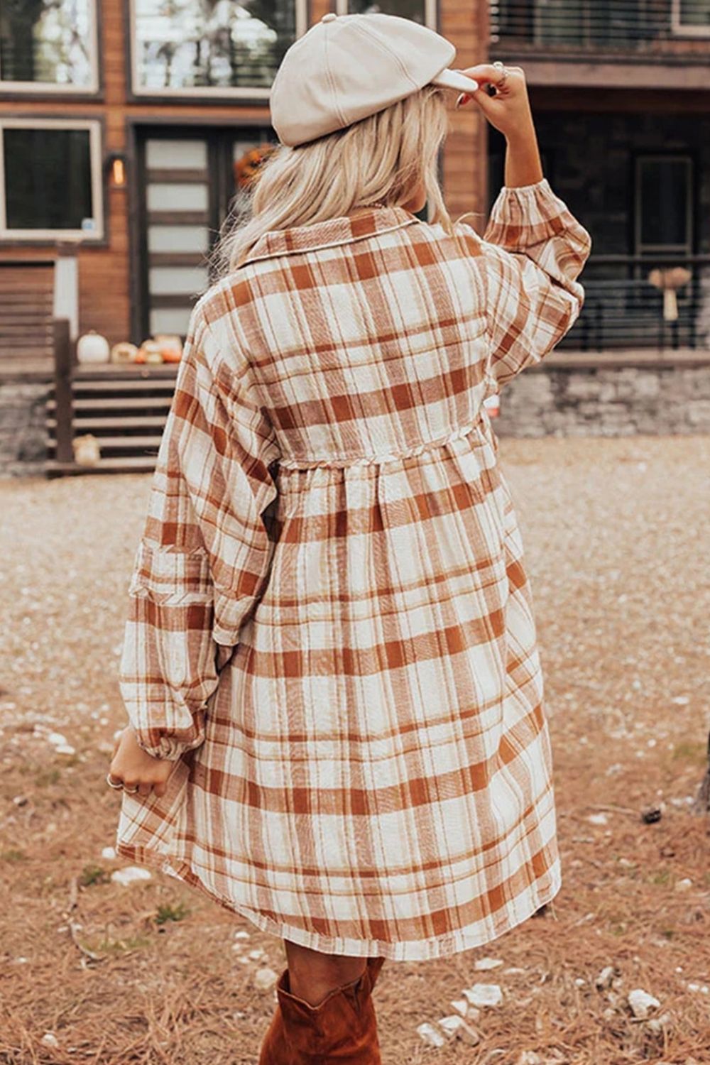 Plaid Collared Neck Long Sleeve Mini Shirt Dress - Classique Collection