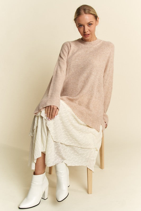 Davi & Dani High-Low Round Neck Drop Shoulder Sweater - ClassiQ