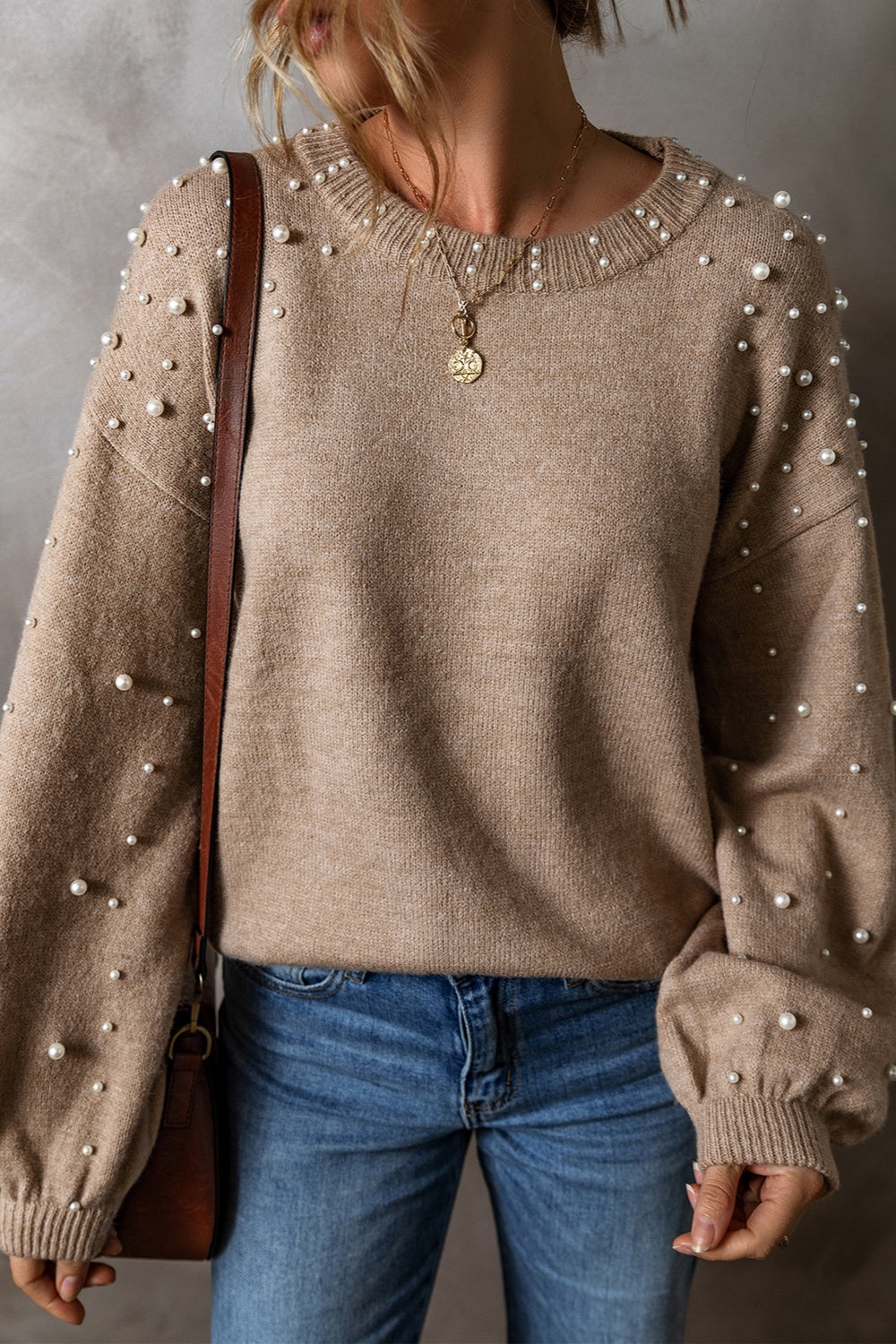 Pearl Detail Round Neck Long Sleeve Sweater - ClassiQ