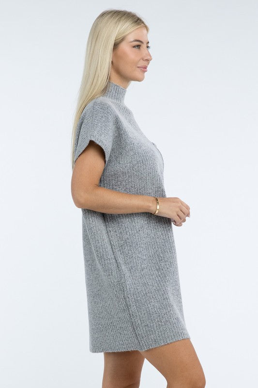 Mock Neck Short Sleeve Sweater Dress with Pocket - Classique Collection