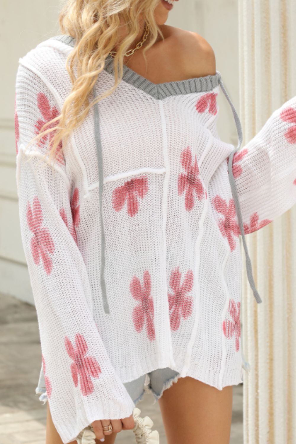 Drawstring Flower Hooded Knit Top - ClassiQ