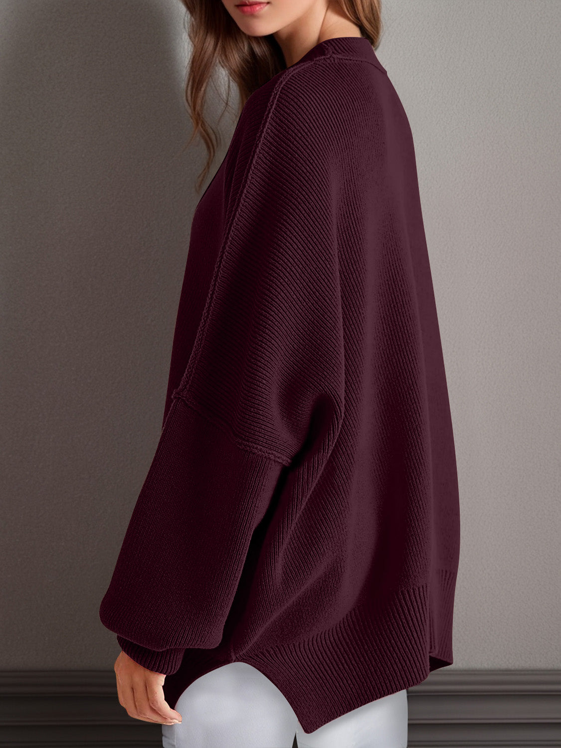 Double Take Side Slit Round Neck Long Sleeve Sweater - ClassiQ