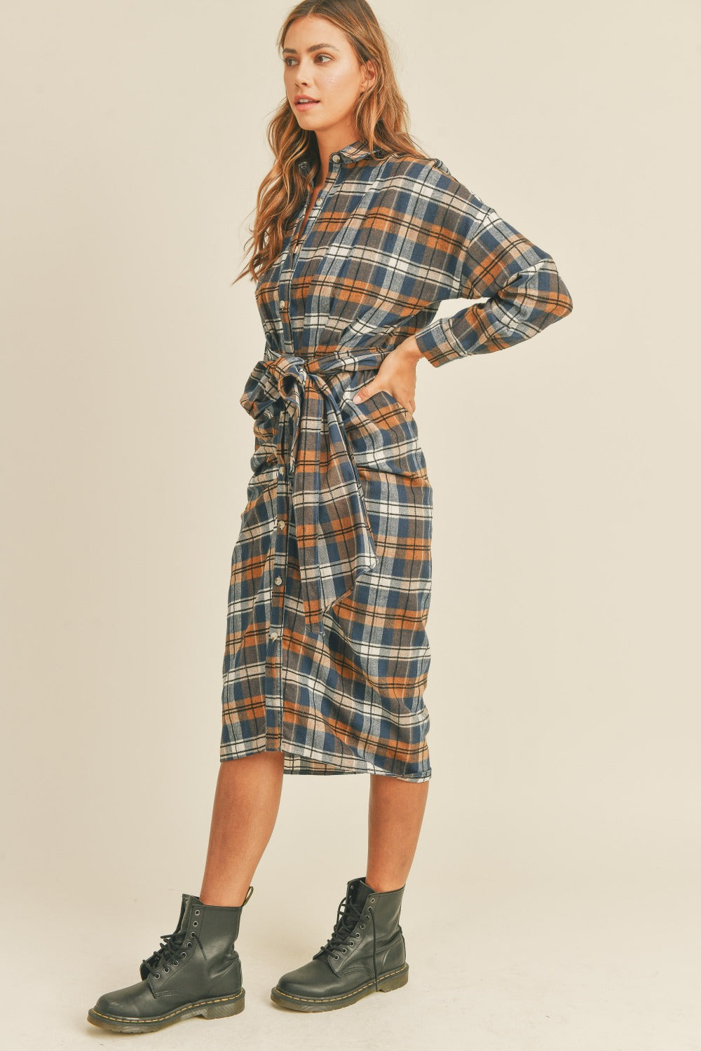 Mable Plaid Flannel Front Tie Button Down Shirt Dress - Classique Collection