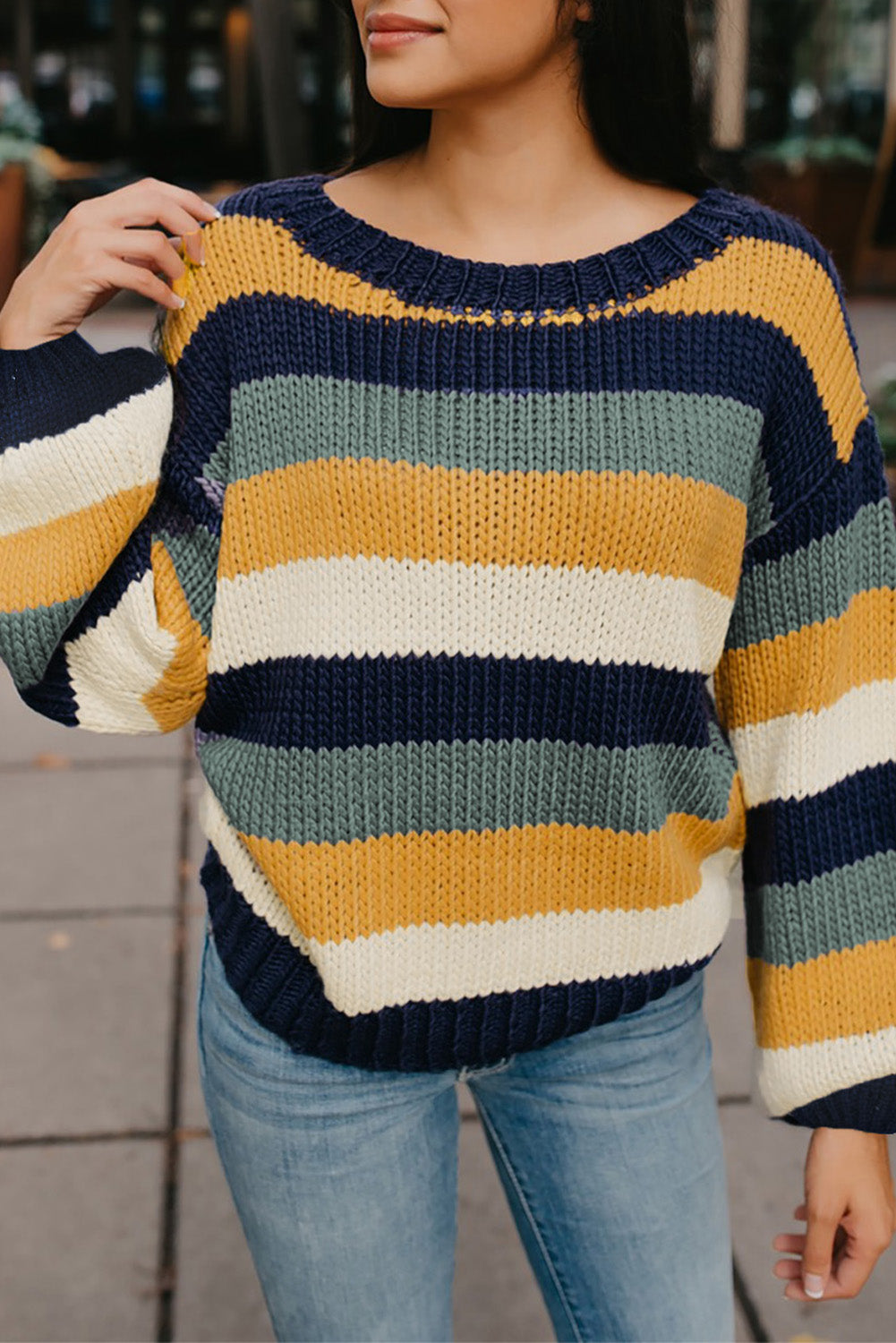 Color Block Round Neck Dropped Shoulder Sweater - ClassiQ