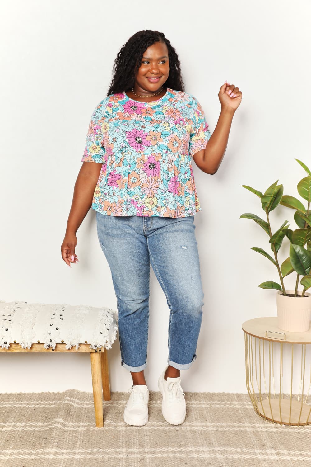 Double Take Floral Round Neck Babydoll Top - Classique Collection