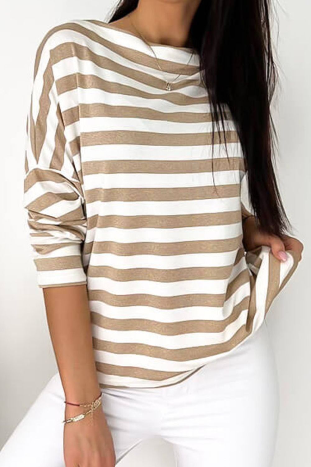 Striped Round Neck Long Sleeve Blouse - ClassiQ