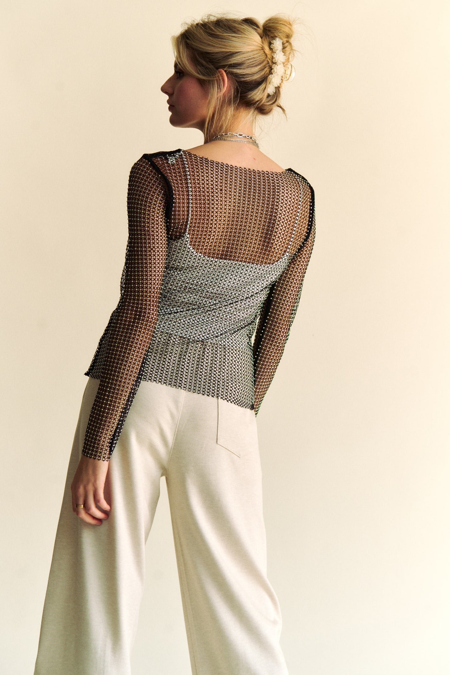 Davi & Dani Sparkling Rhinestone Sheer Mesh Round Neck Top - Classique Collection